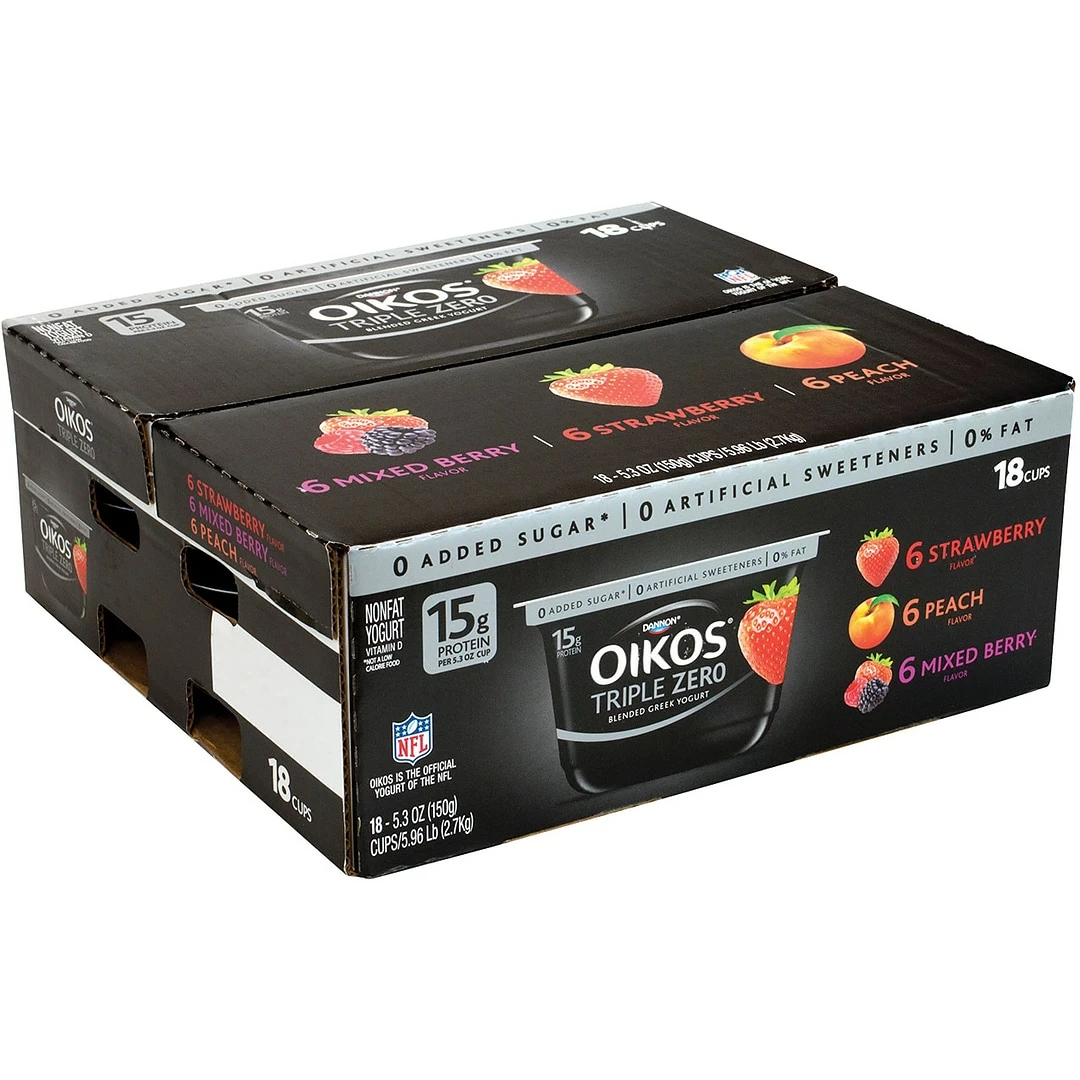 Dannon Oikos Triple Zero Blended Greek Nonfat Yogurt Variety Pack, 5.3 Oz., 18/Pack (902-00027) 3 Dannon Oikos Triple Zero Blended Greek Nonfat Yogurt Variety Pack, 5.3 Oz., 18/Pack (902-00027)