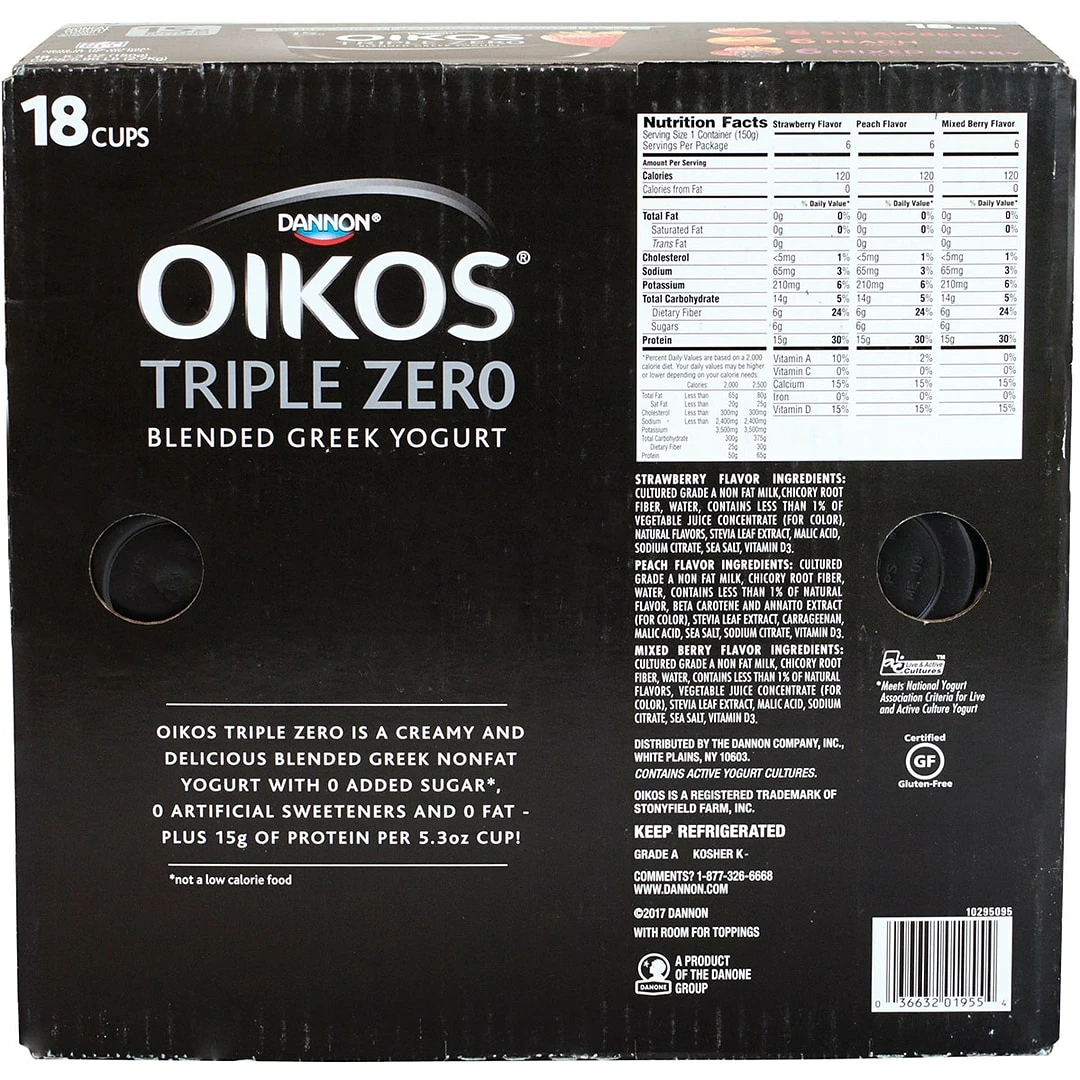 Dannon Oikos Triple Zero Blended Greek Nonfat Yogurt Variety Pack, 5.3 Oz., 18/Pack (902-00027) 7 Dannon Oikos Triple Zero Blended Greek Nonfat Yogurt Variety Pack, 5.3 Oz., 18/Pack (902-00027) - Image 5