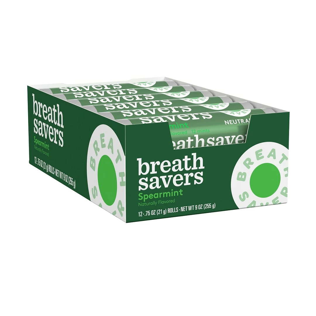 BREATH SAVERS Spearmint Flavored Sugar Free Breath Mints, Bulk Mint Candy, 0.75 Oz, 24 Rolls/CT (HEC71433)
