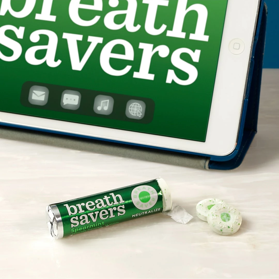 BREATH SAVERS Spearmint Flavored Sugar Free Breath Mints, Bulk Mint Candy, 0.75 Oz, 24 Rolls/CT (HEC71433) - Image 4
