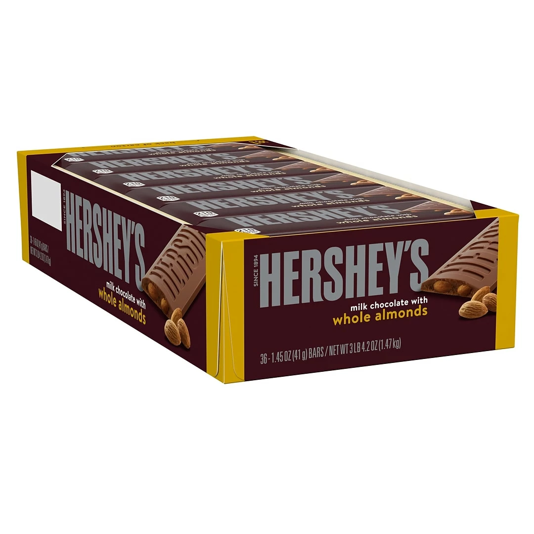 HERSHEY'S Milk Chocolate With Almonds Candy, Bulk Chocolate Candy, 1.45 Oz, Bars, 36 Ct. (HEC24100)