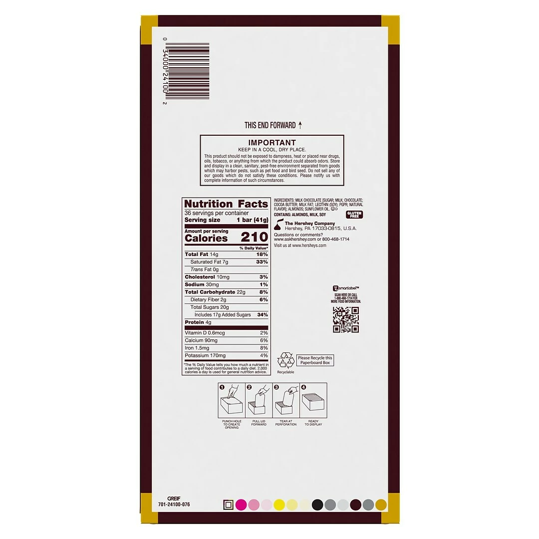 HERSHEY'S Milk Chocolate With Almonds Candy, Bulk Chocolate Candy, 1.45 Oz, Bars, 36 Ct. (HEC24100) - Image 2
