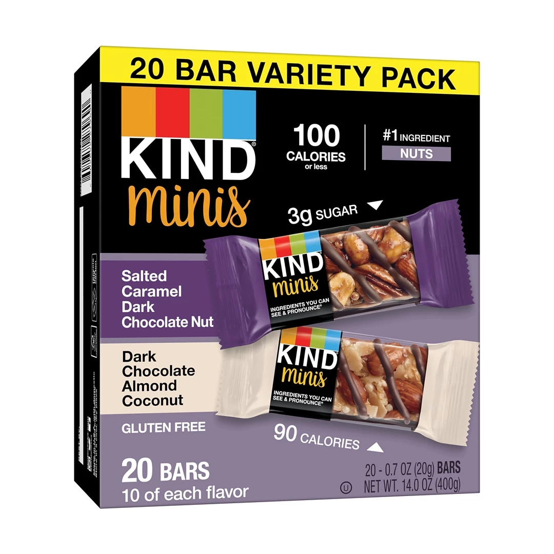 KIND Minis Bars, Salted Caramel Dark Chocolate Nut/Dark Chocolate Almond Coconut, 0.7 Oz., 20/Pack (27970) - Image 3
