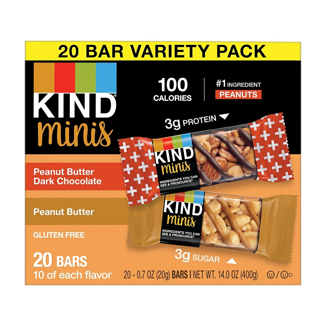 KIND Minis Bars, Peanut Butter And Dark Chocolate/Peanut Butter, 0.7 Oz., 20/Pack (27967)