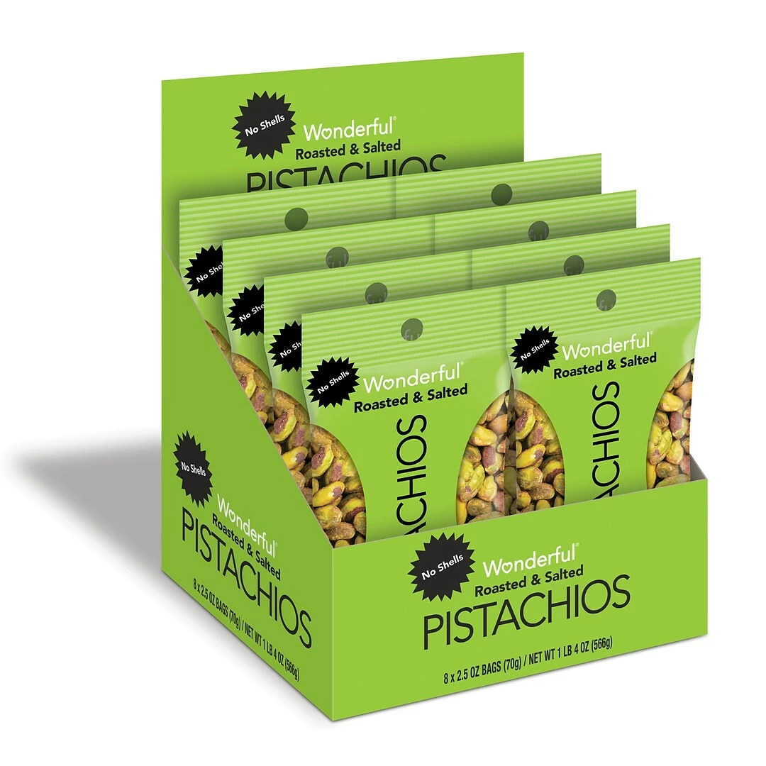 Wonderful® Pistachios Dry Roasted & Salted Wonderful Pistachios 2.5 Ounce Bags, No Shell, Box Of 8 (PAR070146A25M) - Image 2